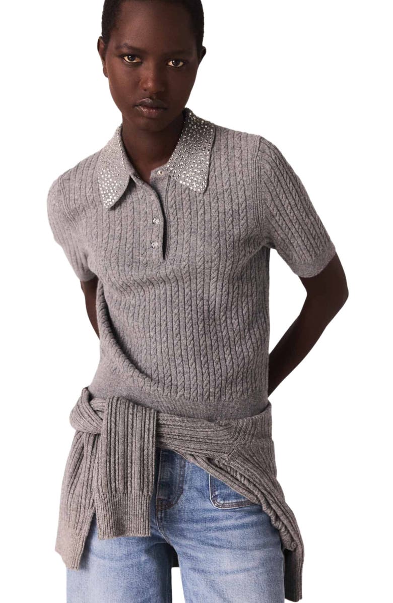 maje Wool polo shirt with rhinestone collar, Main, color, Grey