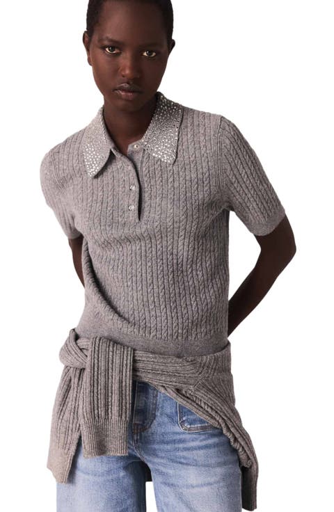 Wool polo shirt with rhinestone collar