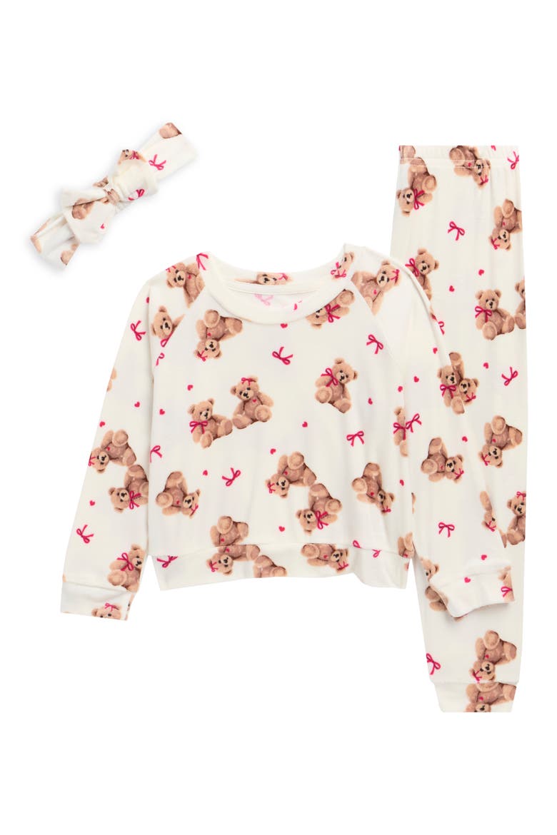 Kids' 3-Piece Velour Pajamas & Headband Set, Main, color, TEDDYS
