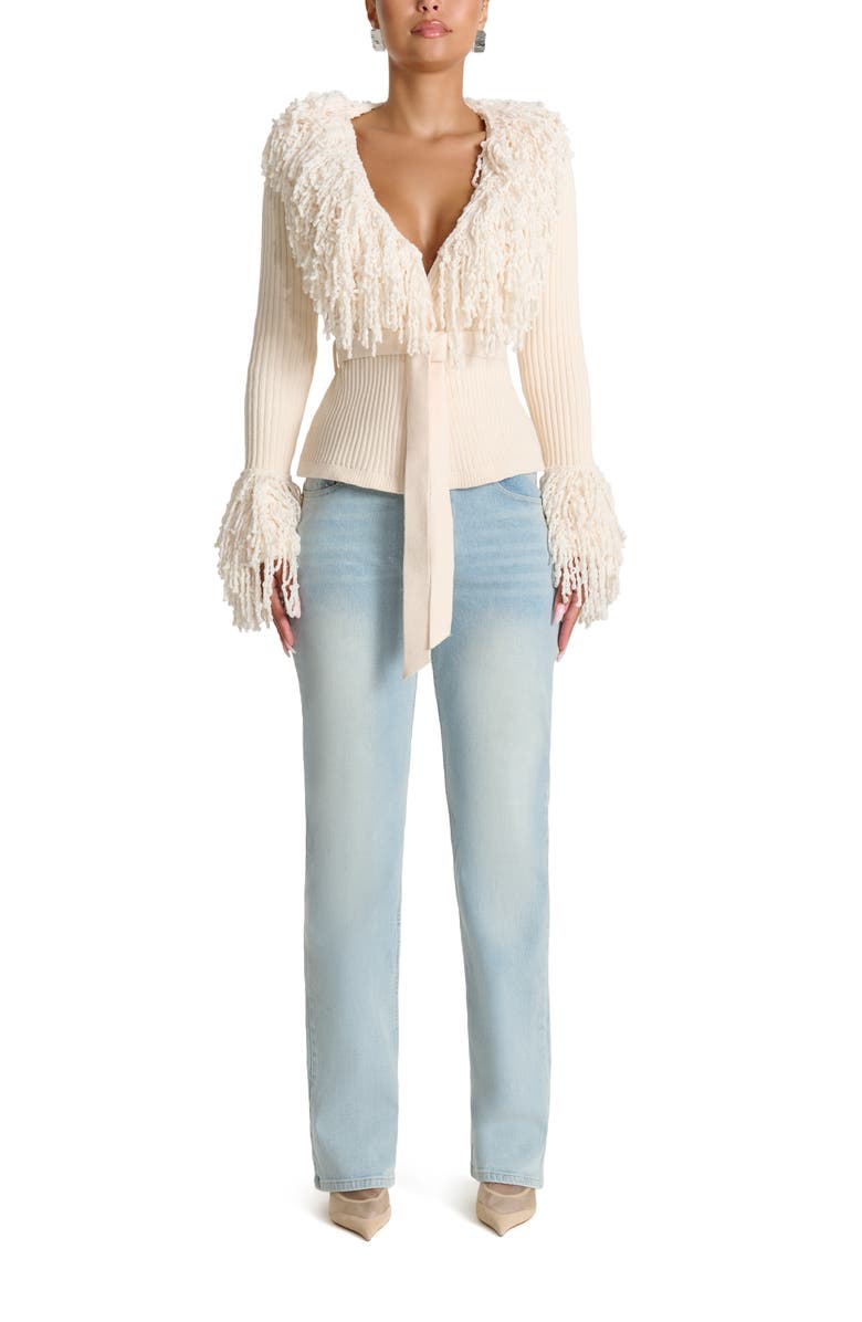 Naked Wardrobe Fringe Tie Waist Chenille Cardigan, Alternate, color, Bone