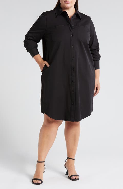 Carefree Long Sleeve Cotton Blend Twill Shirtdress (Regular & Plus)