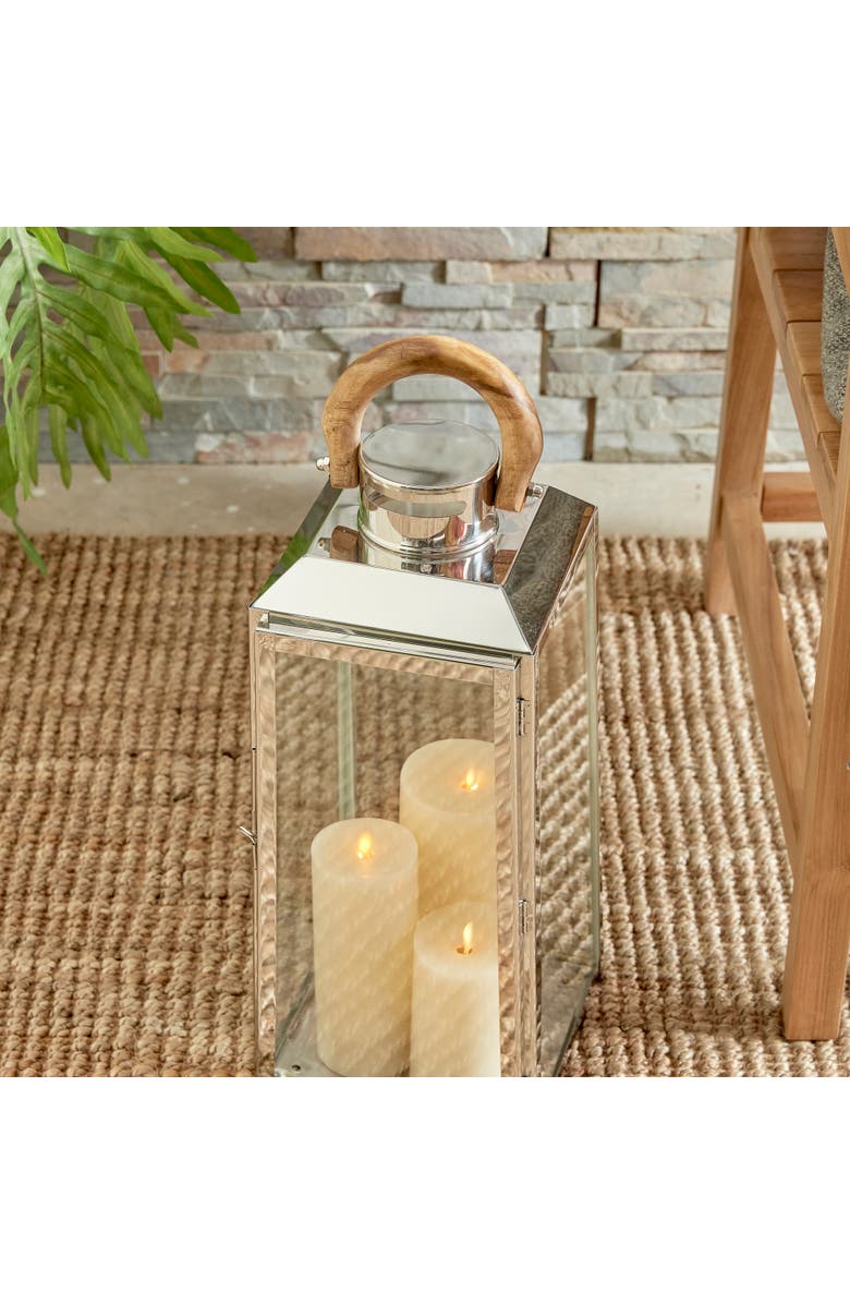 Napa Home & Garden 19" Oceanside Large Decorative Outdoor Chrome Finish Pillar Candle Lantern w/ Teakwood Handle, Alternate, color,