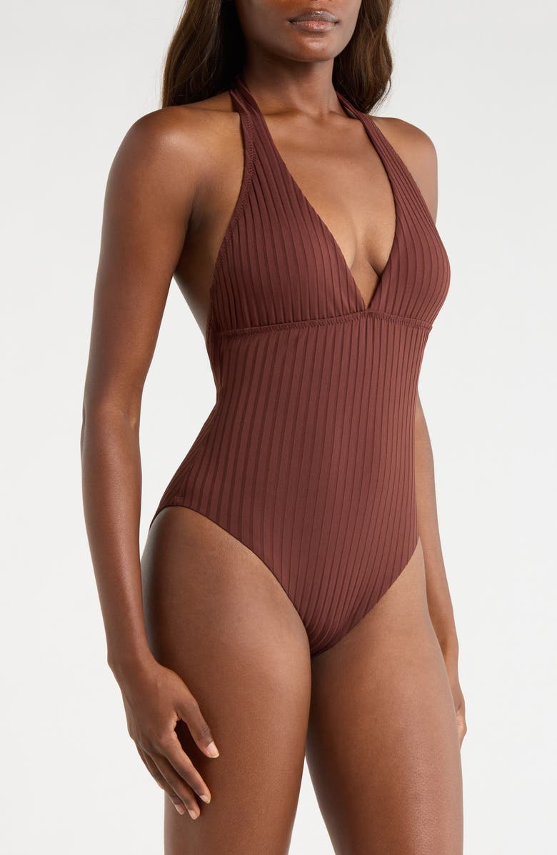 Sanctuary Halter Rib One-Piece Swimsuit, Alternate, color, Espresso