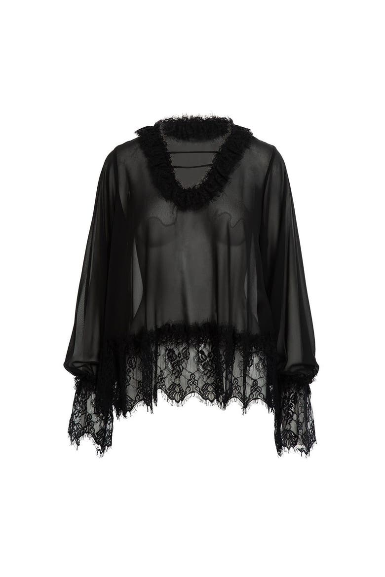 Lace Detail Long Sleeve Chiffon Blouse, Main, color, Black