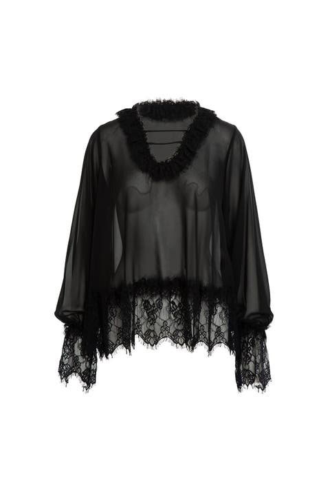 Lace Detail Chiffon Black Blouse