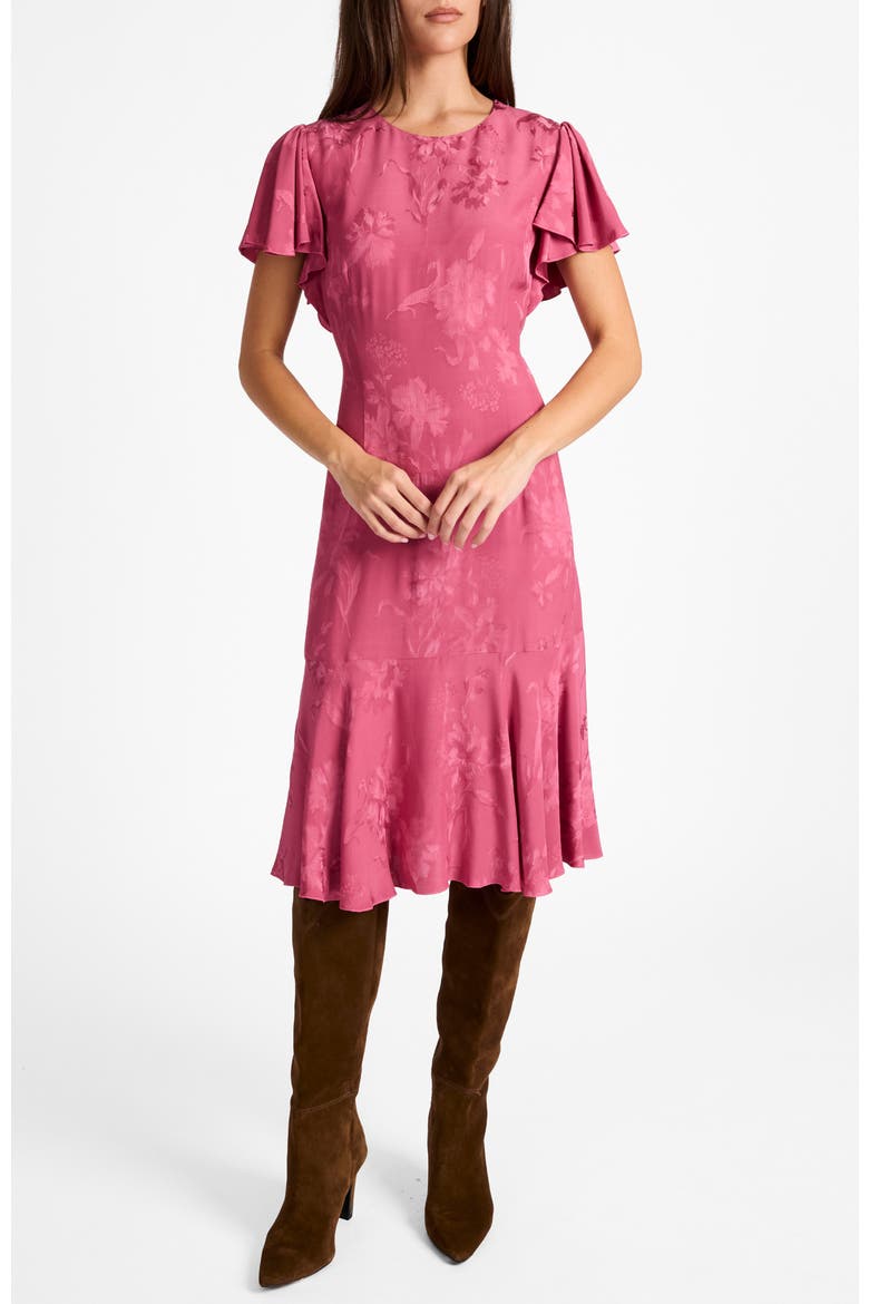 Grazia Flutter Sleeve Sheath Dress in Floral Jacquard, Main, color, CRUSHED BERRY