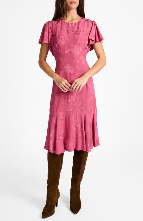 Grazia Flutter Sleeve Sheath Dress in Floral Jacquard