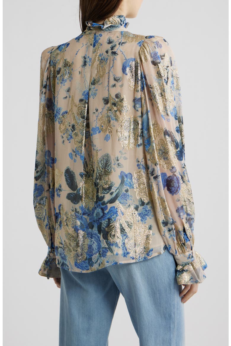 Josie Metallic Floral Ruffle Button-Up Shirt, Alternate, color, BLUE MULTI