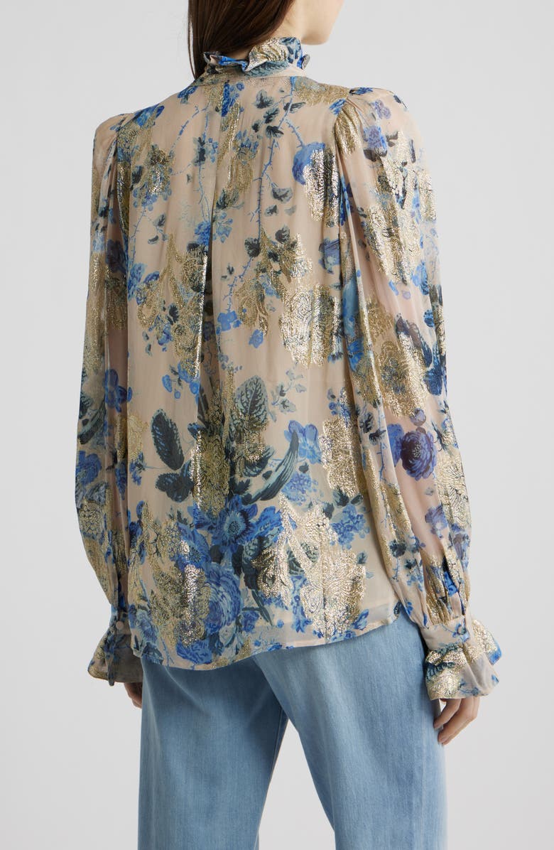 KOBI HALPERIN Josie Metallic Floral Ruffle Button-Up Shirt, Alternate, color, Blue Multi
