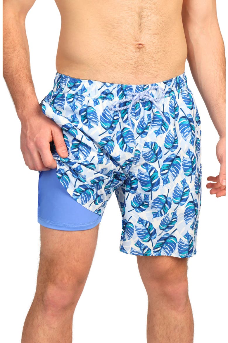 Tropical Leaves Print Swim Trunks, Alternate, color, GREEN
