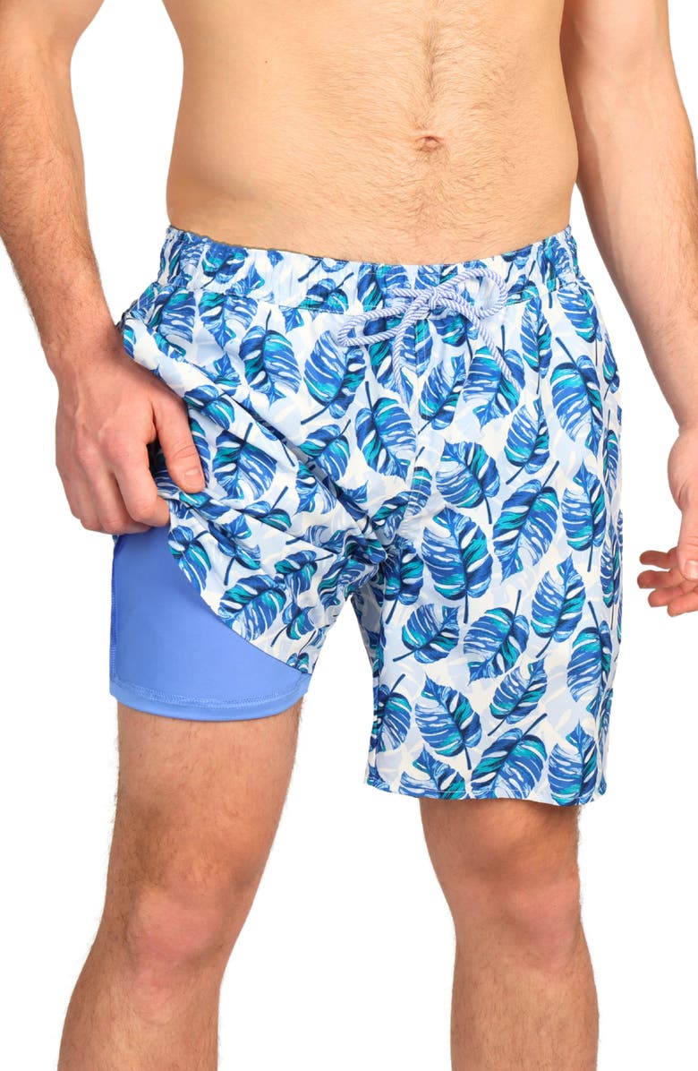 TailorByrd Tropical Leaves Print Swim Trunks, Alternate, color, 