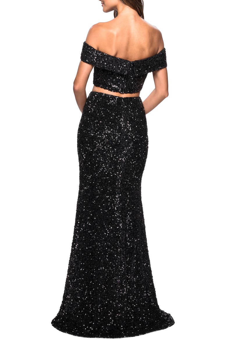 La Femme Two-Piece Off the Shoulder Sequin Trumpet Gown, Alternate, color,