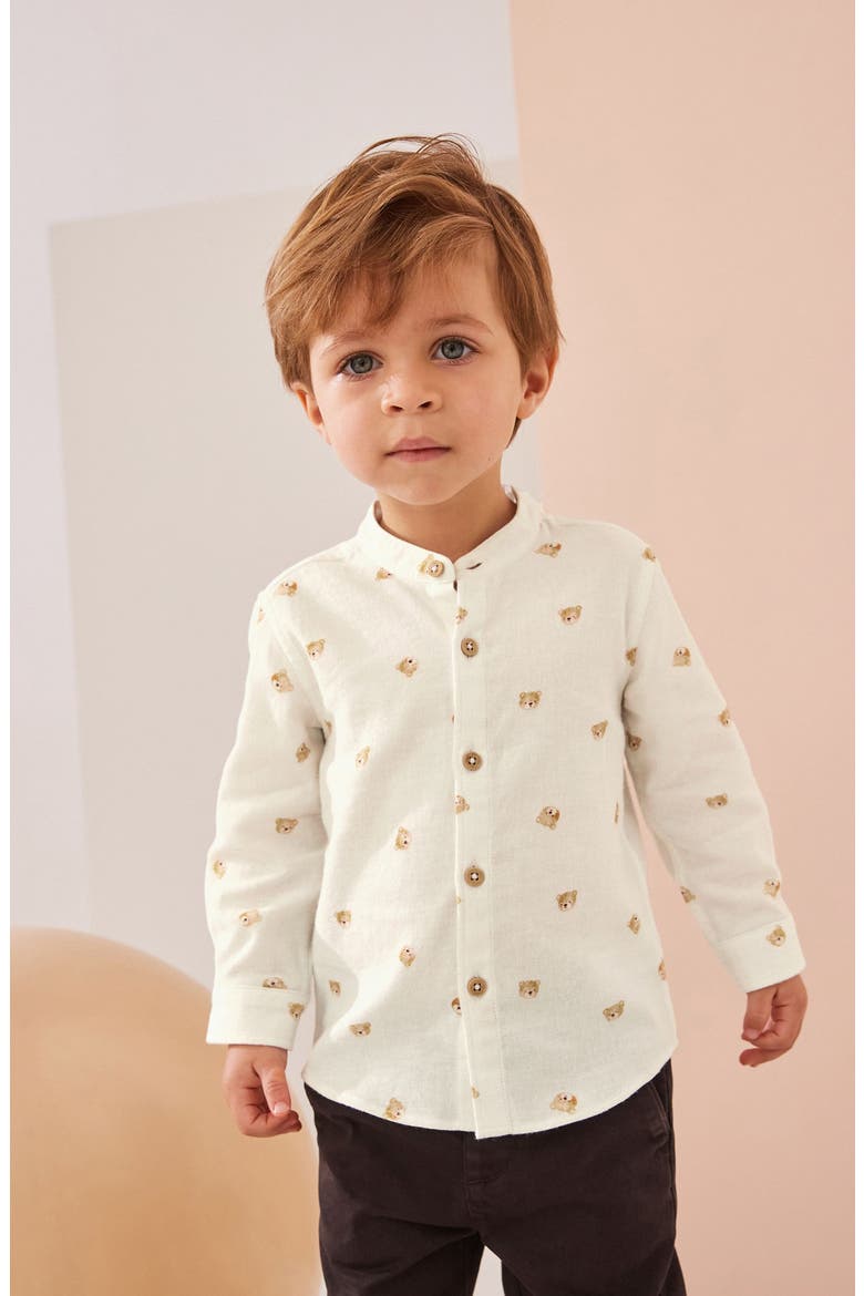 Kids' Bear Print Cotton Button-Up Shirt, Alternate, color, WHITE