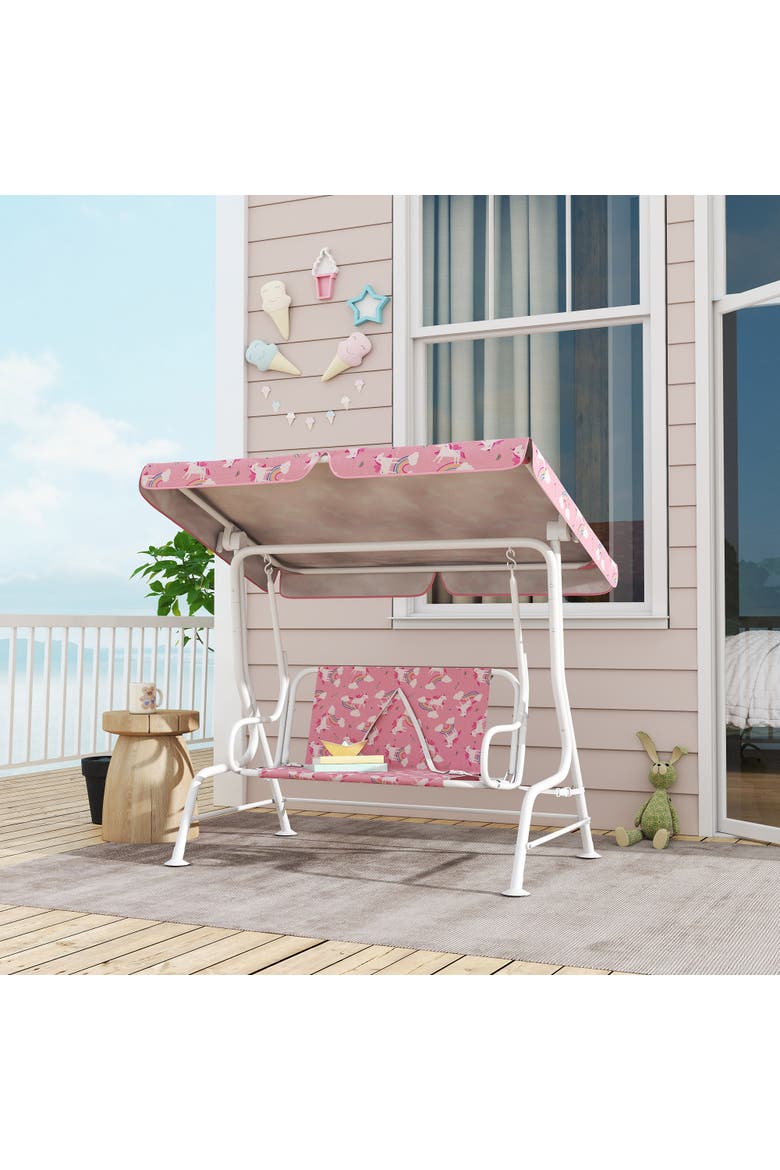 2-Seater Kids Porch Swing with Safety Belts and Adjustable Canopy, Alternate, color, Pink