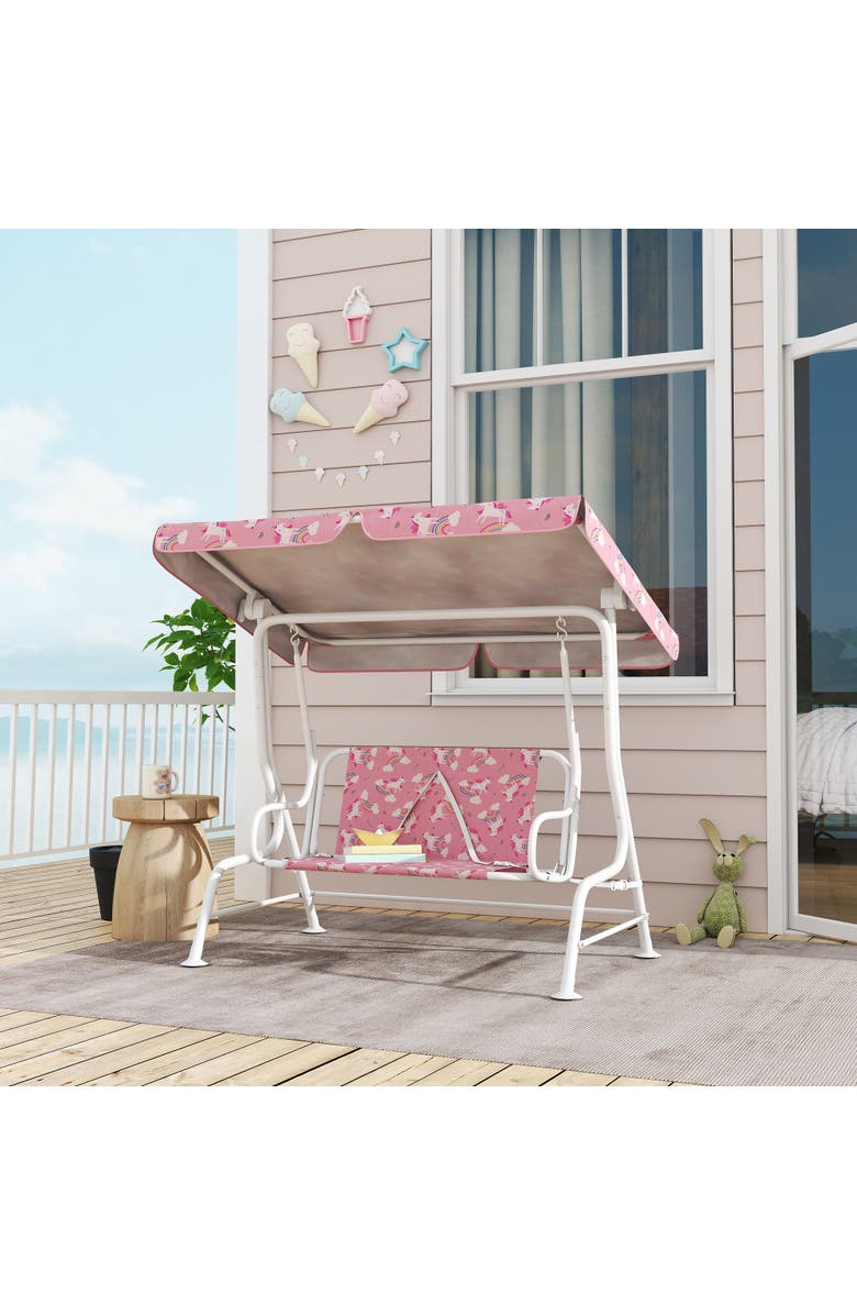 Qaba 2-Seater Kids Porch Swing with Safety Belts and Adjustable Canopy, Alternate, color, Pink