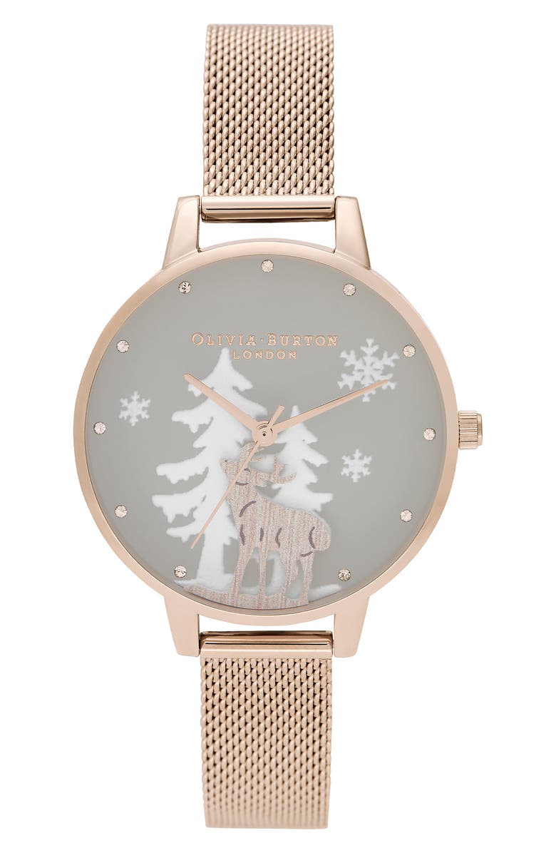 Olivia Burton Winter Wonderland Mesh Strap Watch, 30mm, Main, color,