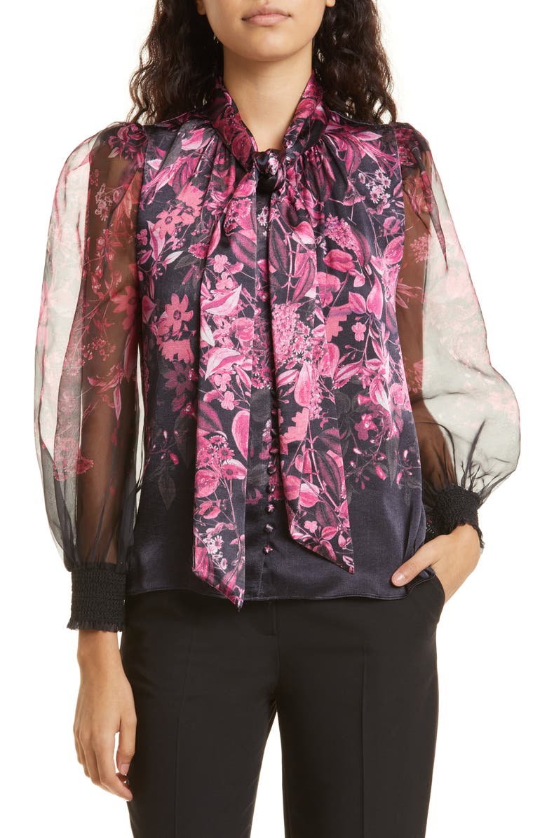 Alice + Olivia Bettina Floral Print Blouson Sleeve Silk Blend Shirt, Main, color,