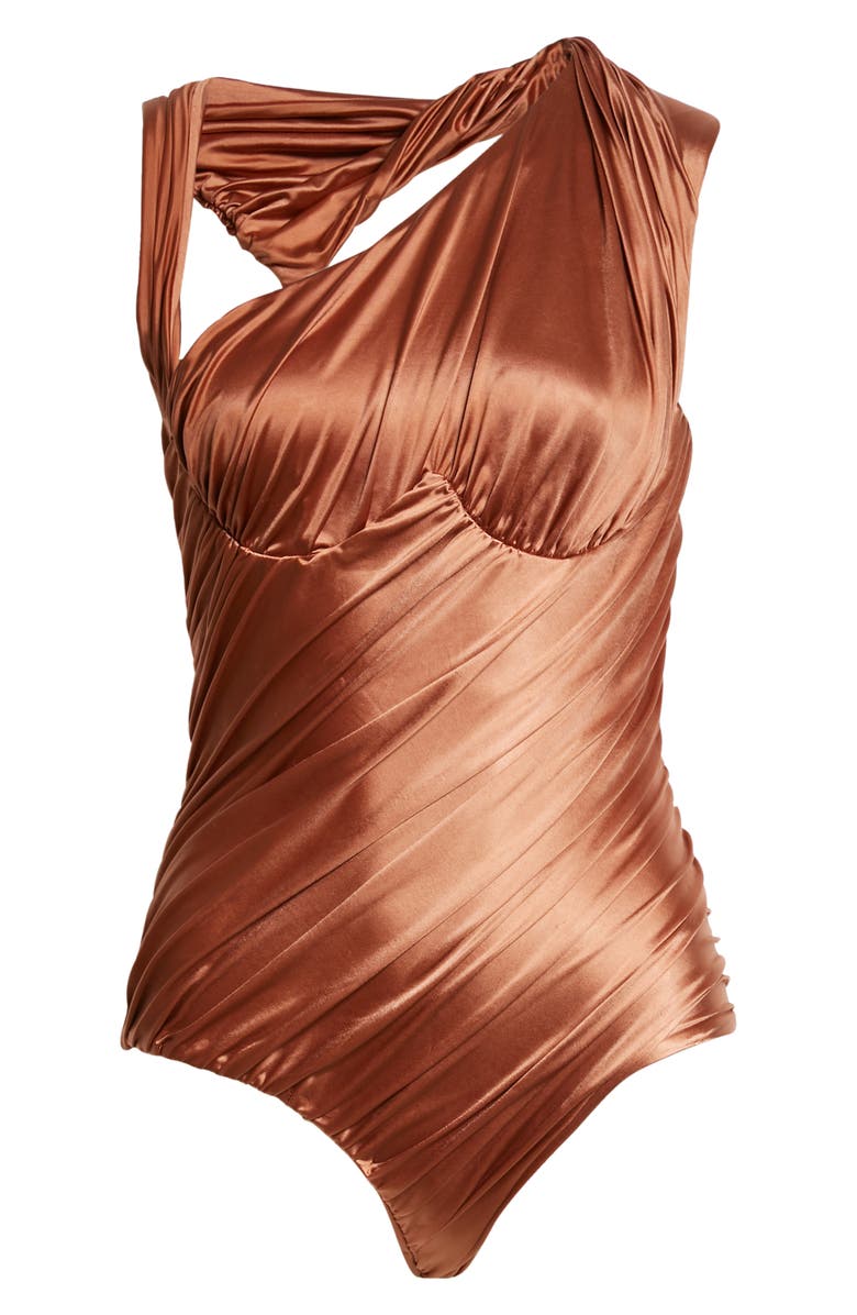 Isa Boulder Sculpture Asymmetric Satin Swimsuit, Alternate, color, Rust