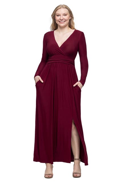 Womens Long Sleeve V-neck Side Slit Maxi Dress