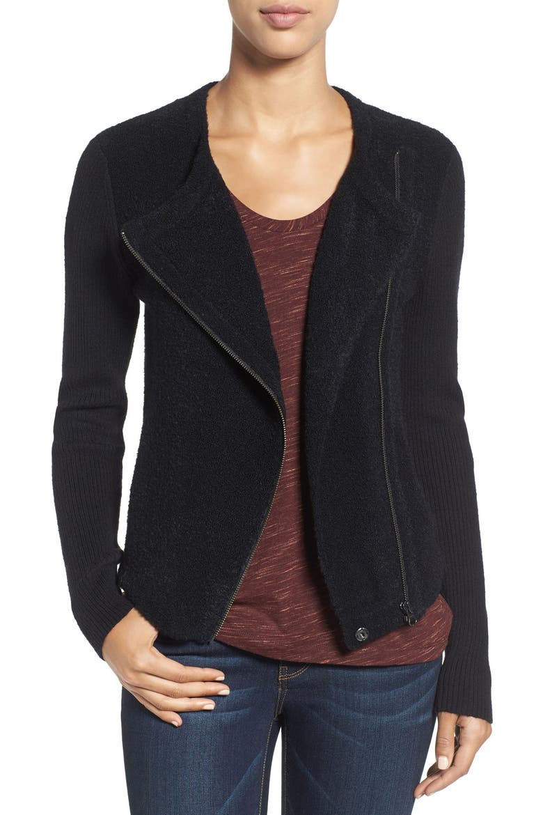 Mixed Knit Moto Sweater, Main, color, BLACK