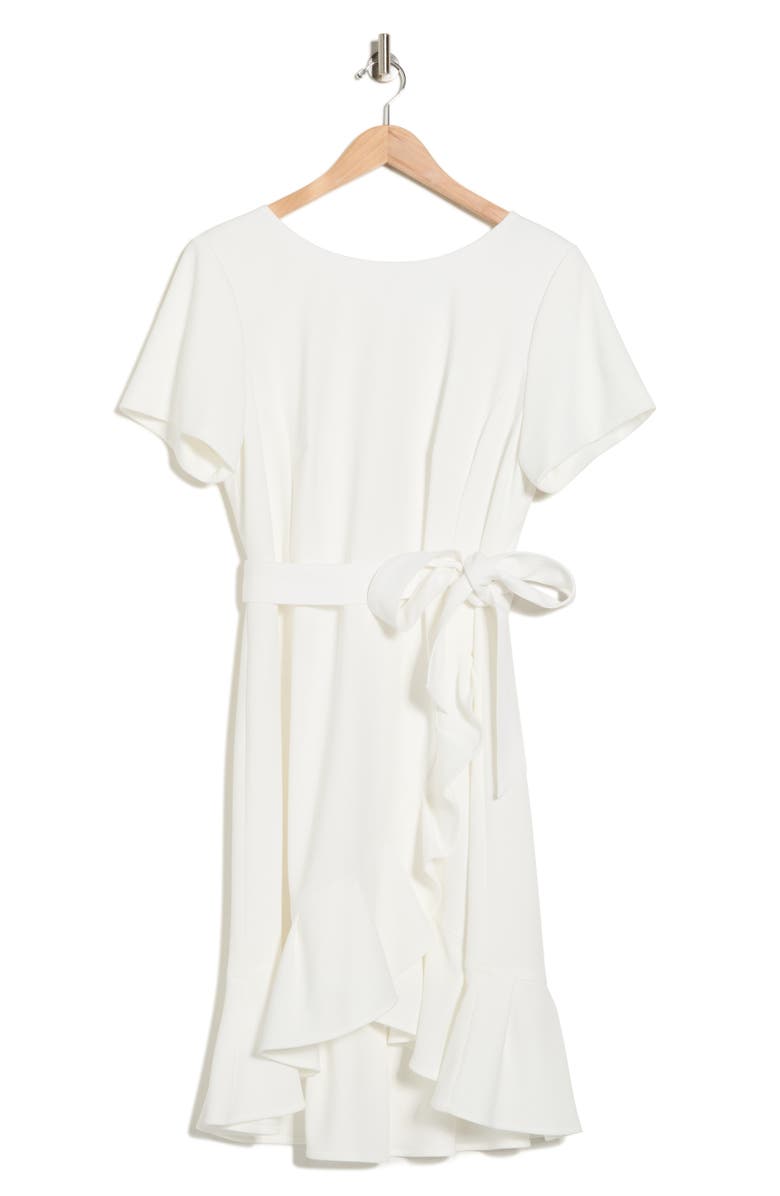 Calvin Klein Short Sleeve Ruffle Faux Wrap Dress, Alternate, color, Cream