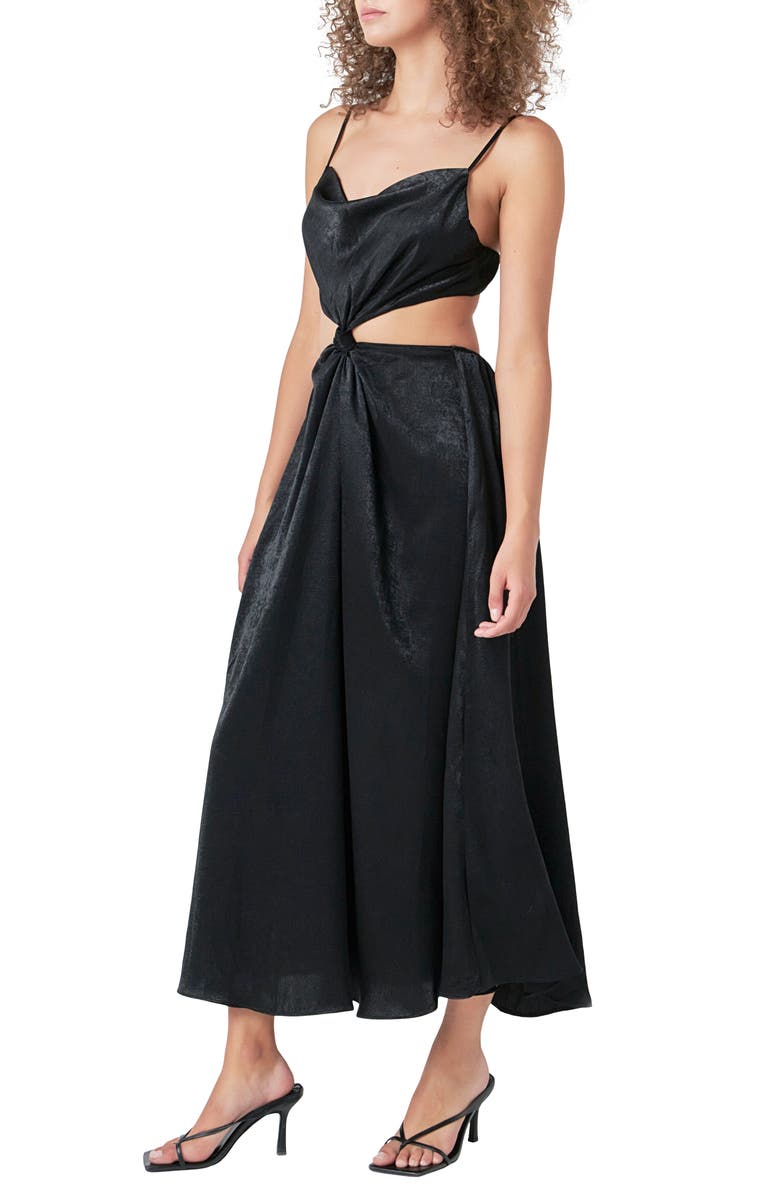 Endless Rose Front Twist Satin Midi Dress, Alternate, color, Black