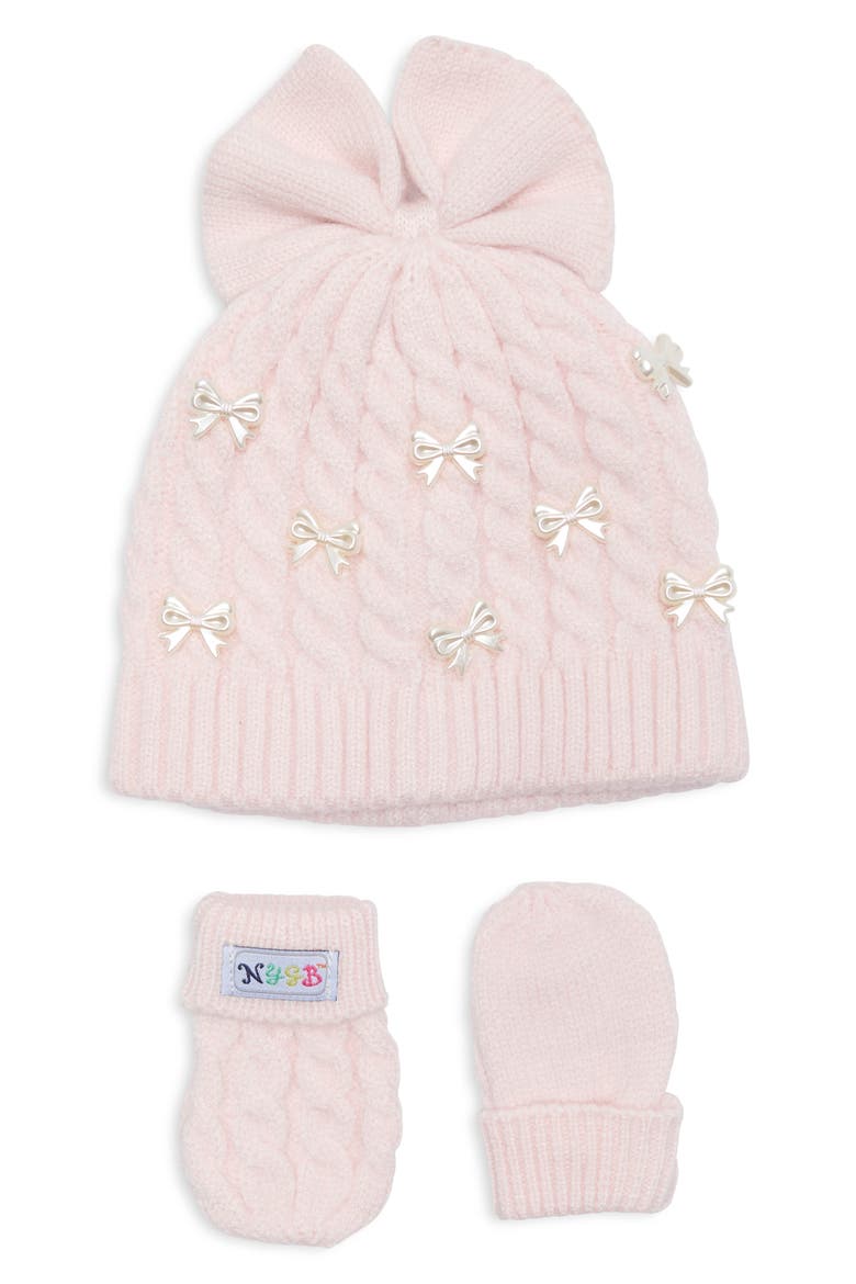 Kids' Pearl Bow Hat and Mittens Set, Main, color, PRECIOUS PINK