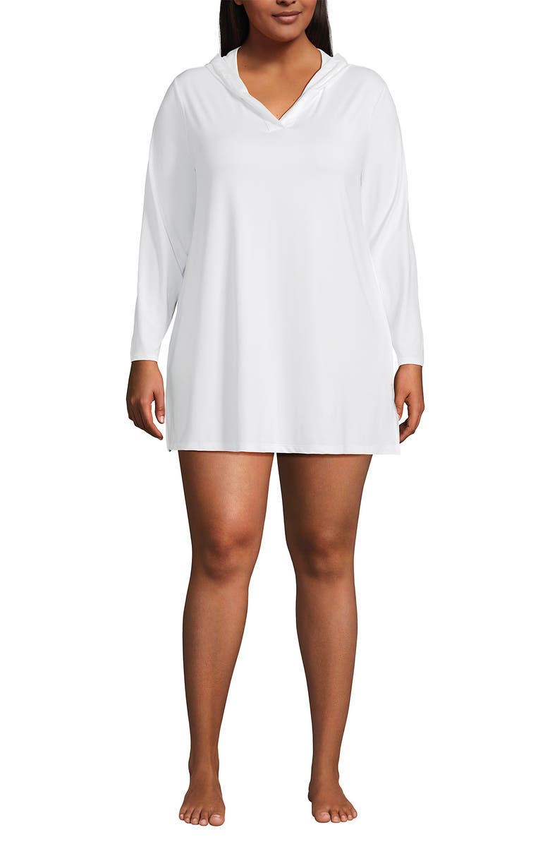 Lands' End Plus Size SunShade UPF 50 Hooded Mini Swim Swim Cover-Up Dress, Alternate, color, White