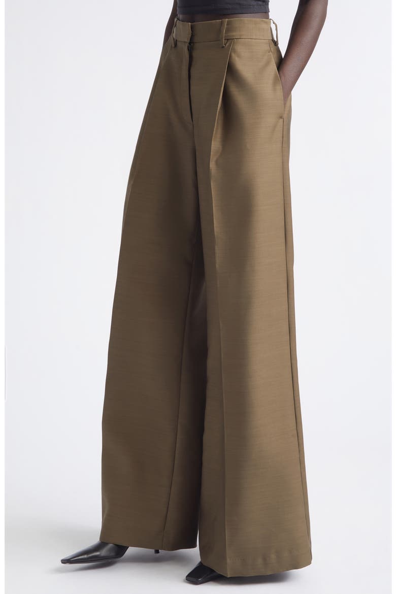 Laurence Pleated Wool & Silk Wide Leg Trousers, Alternate, color, OLIVE