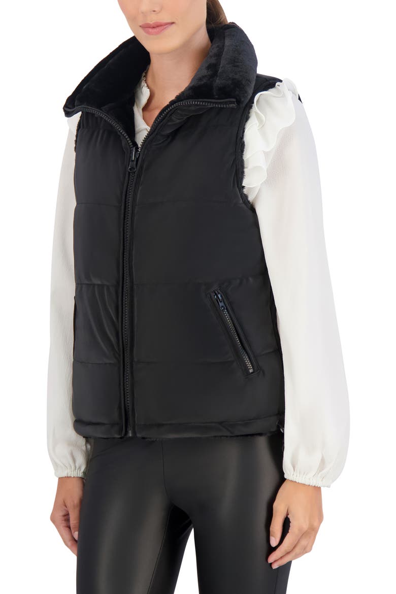 Water Resistant Reversible Faux Fur Puffer Vest, Alternate, color, BLACK