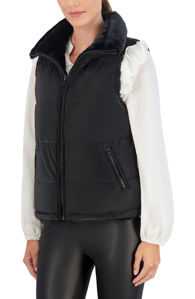 Ookie & Lala Water Resistant Reversible Faux Fur Puffer Vest, Alternate, color, Black