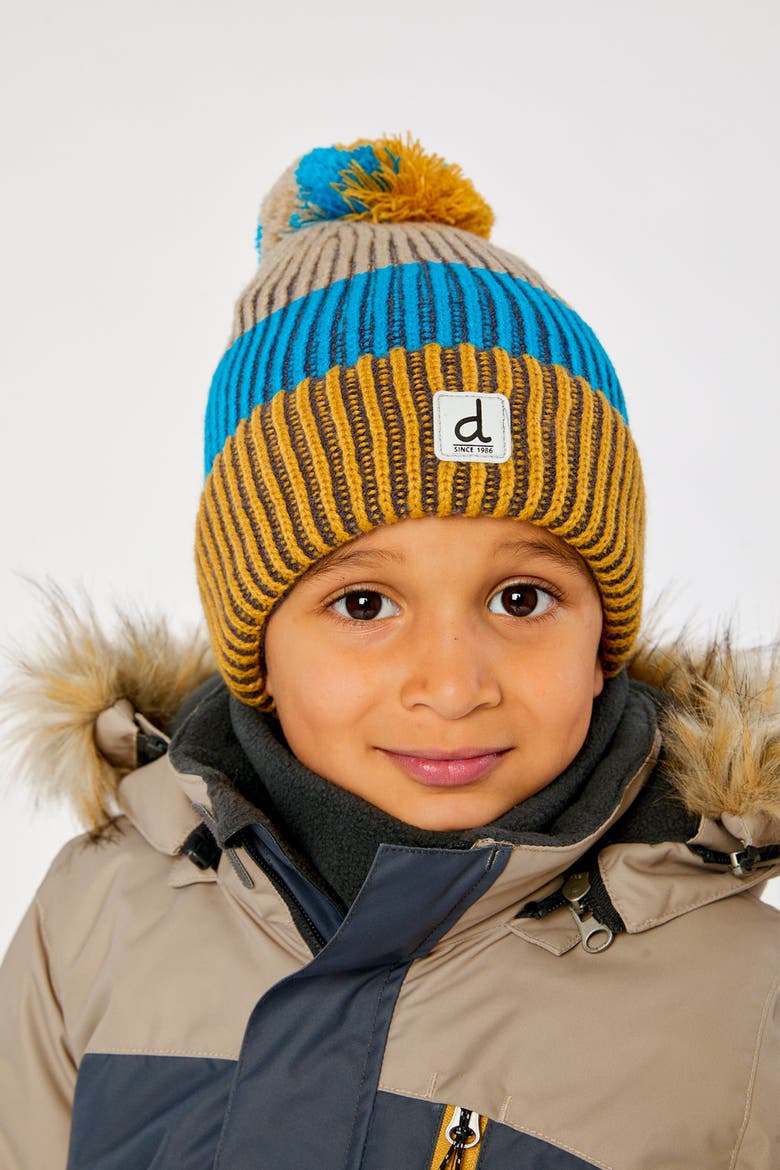 Winter Stripe Ribbed Cuff Knit Hat with Pompom, Alternate, color, Blue and Yellow Knit