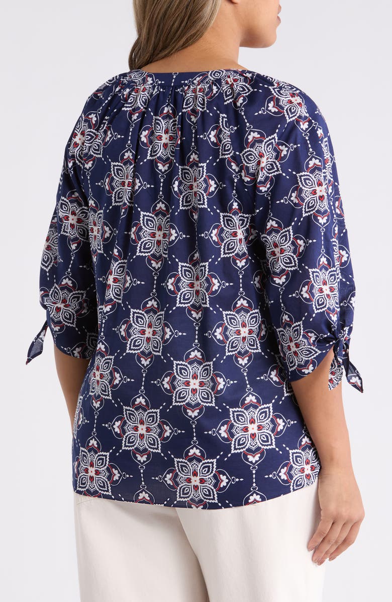 Jones New York Printed Tie Cuff Raglan Sleeve Cotton Top, Alternate, color, Pacific Navy Multi