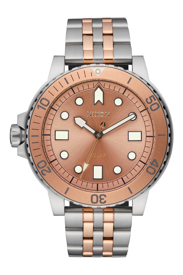 The Stinger Solar Dive Bracelet Watch, 44mm, Main, color, SILVER / CORAL