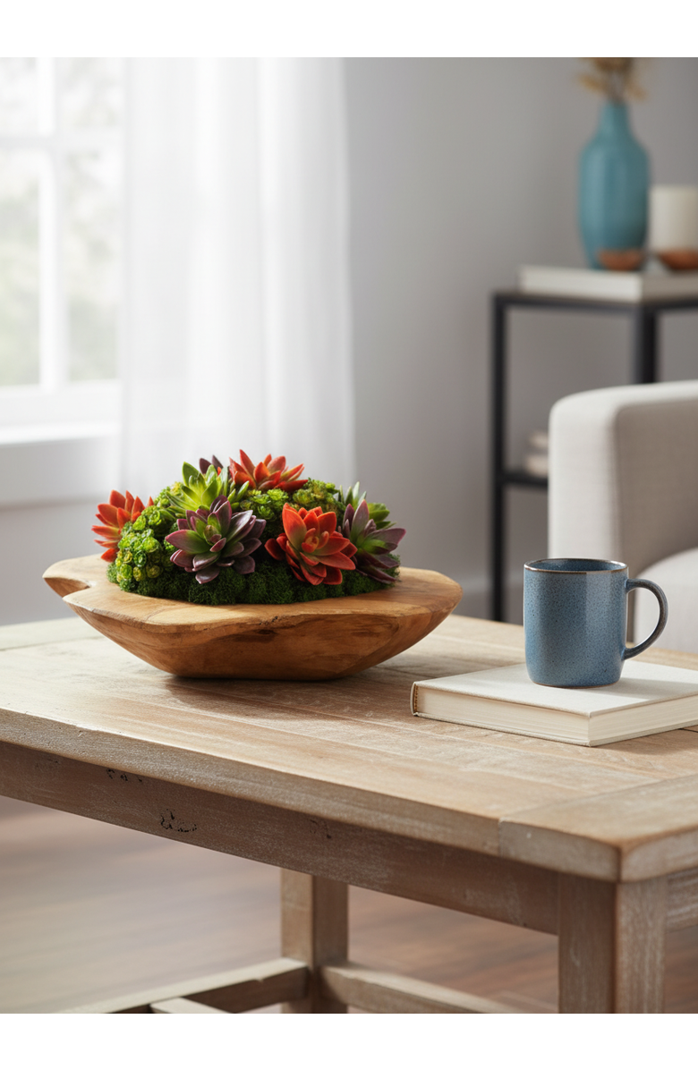 CocoBella Mojave Wooden Bowl Succulent Arrangement, Alternate, color, Multi-Color
