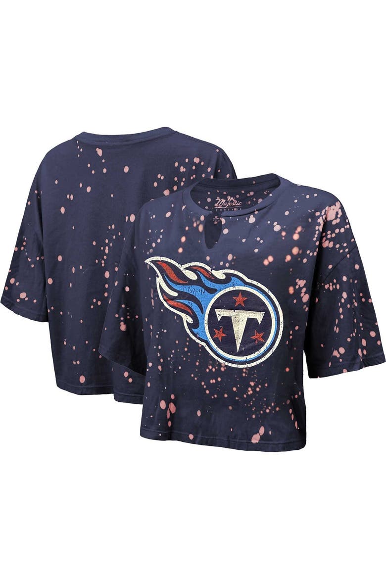 Women's Majestic Threads Navy Tennessee Titans Bleach Splatter Notch Neck Crop T-Shirt, Main, color, Navy
