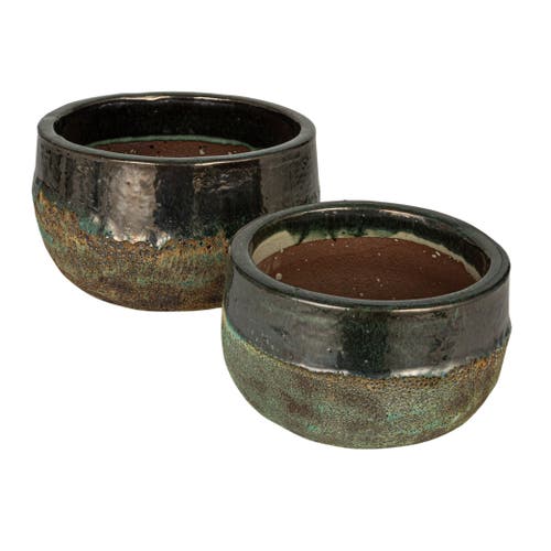 Storied Home Textured Terra-cotta Planters, Set Of 2, Blue And Brown In Green