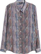 APNY Abstract Print Roll Tab Sleeve Chiffon Button-Up Shirt
