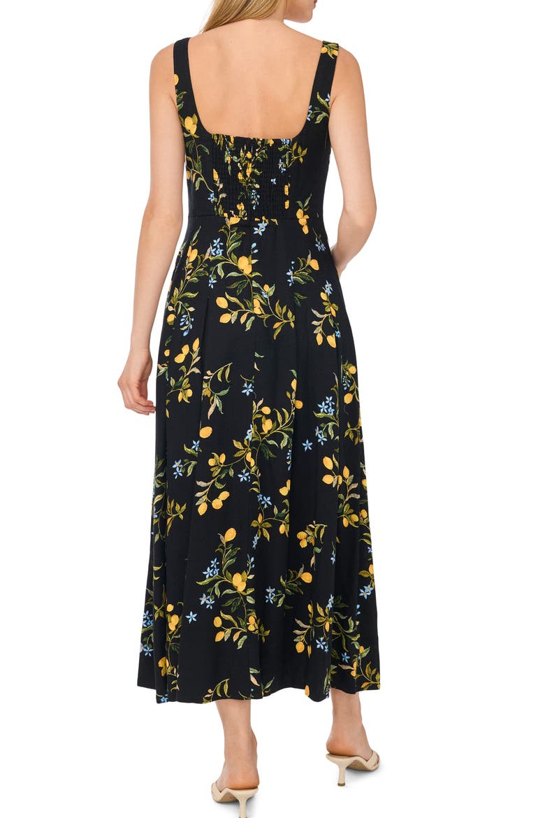 Lemon Print Sleeveless Pleated Midi Dress, Alternate, color, RICH BLACK