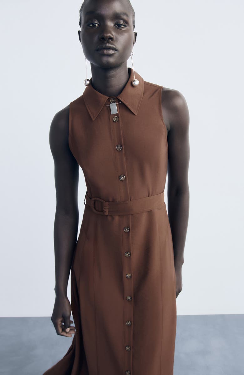 MANGO Belted Sleeveless Shirtdress, Alternate, color, Brown