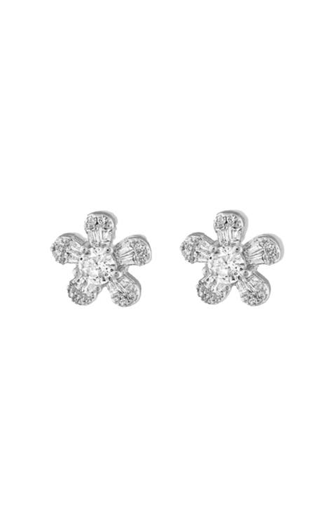 Pave and Baguette CZ Flower Earrings
