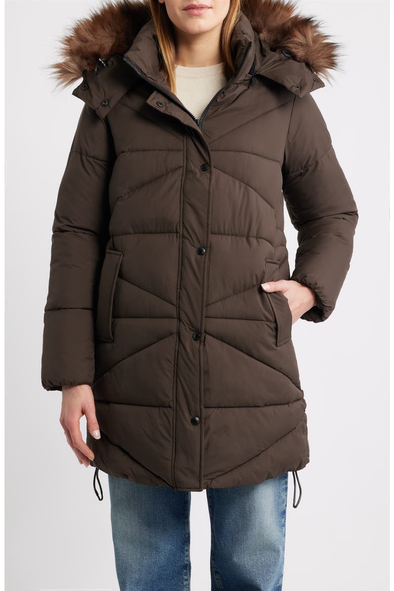 Faux Fur Trim Hooded Quilted Jacket, Alternate, color, CAFE NOIR