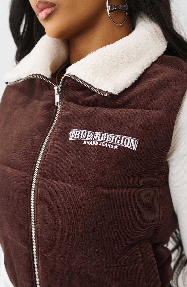 True Religion Corduroy Faux Shearling Lined Quilted Puffer Vest, Alternate, color, Java