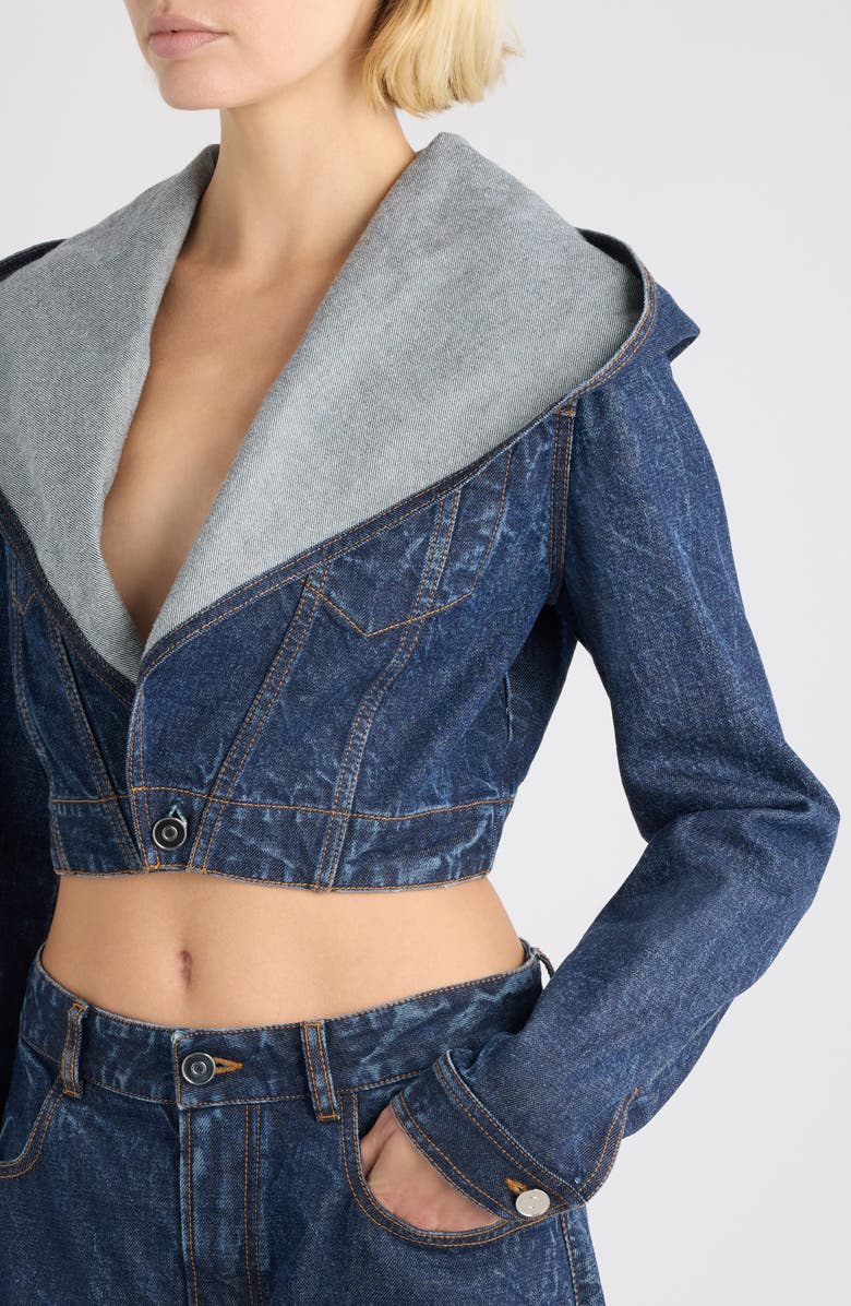 Alaïa Hooded Crop Denim Jacket, Alternate, color, Dock Blue