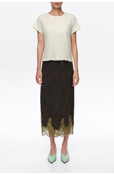 Lace Trim Wrap Midi Skirt