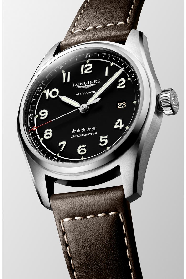 Spirit Automatic Leather Strap Watch, 40mm, Alternate, color, BLACK/ SILVER/ BROWN