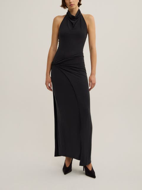 Wrap Jersey Halter Neck Maxi Dress