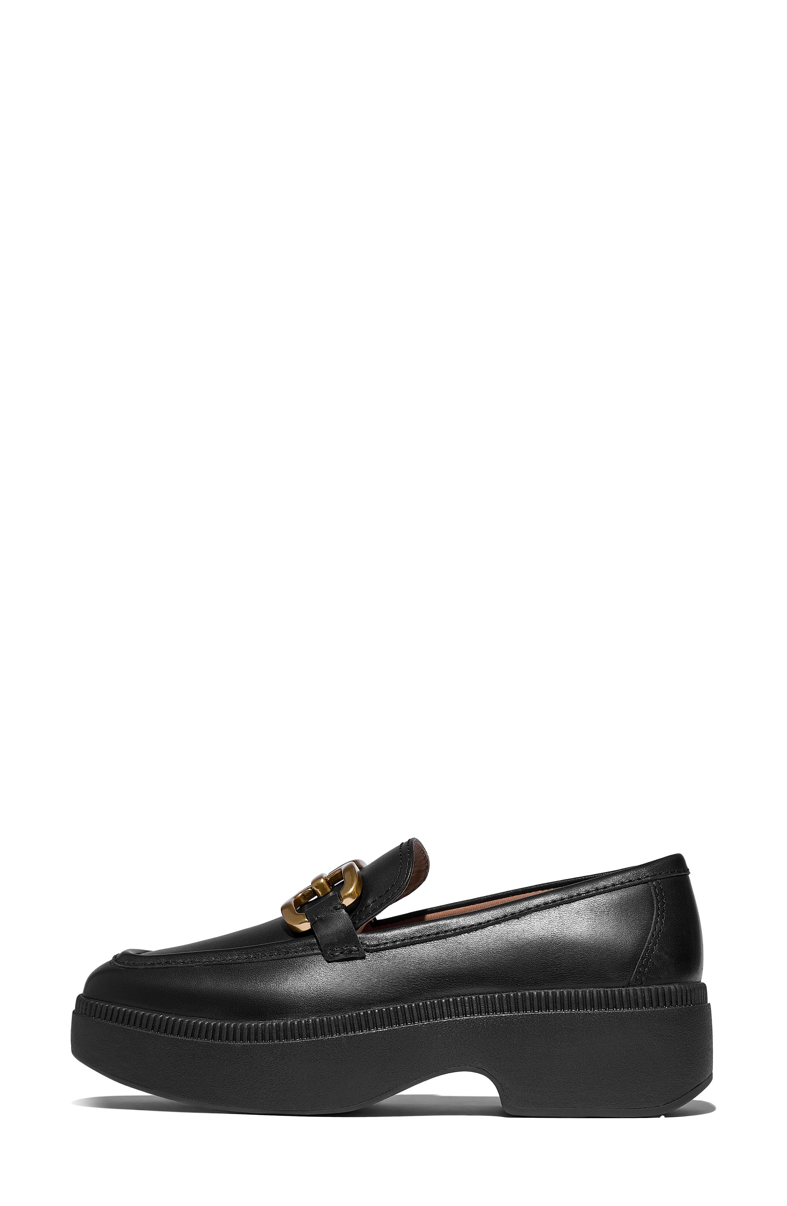 F-Luma Square-Chain Leather Loafer, Alternate, color, BLACK