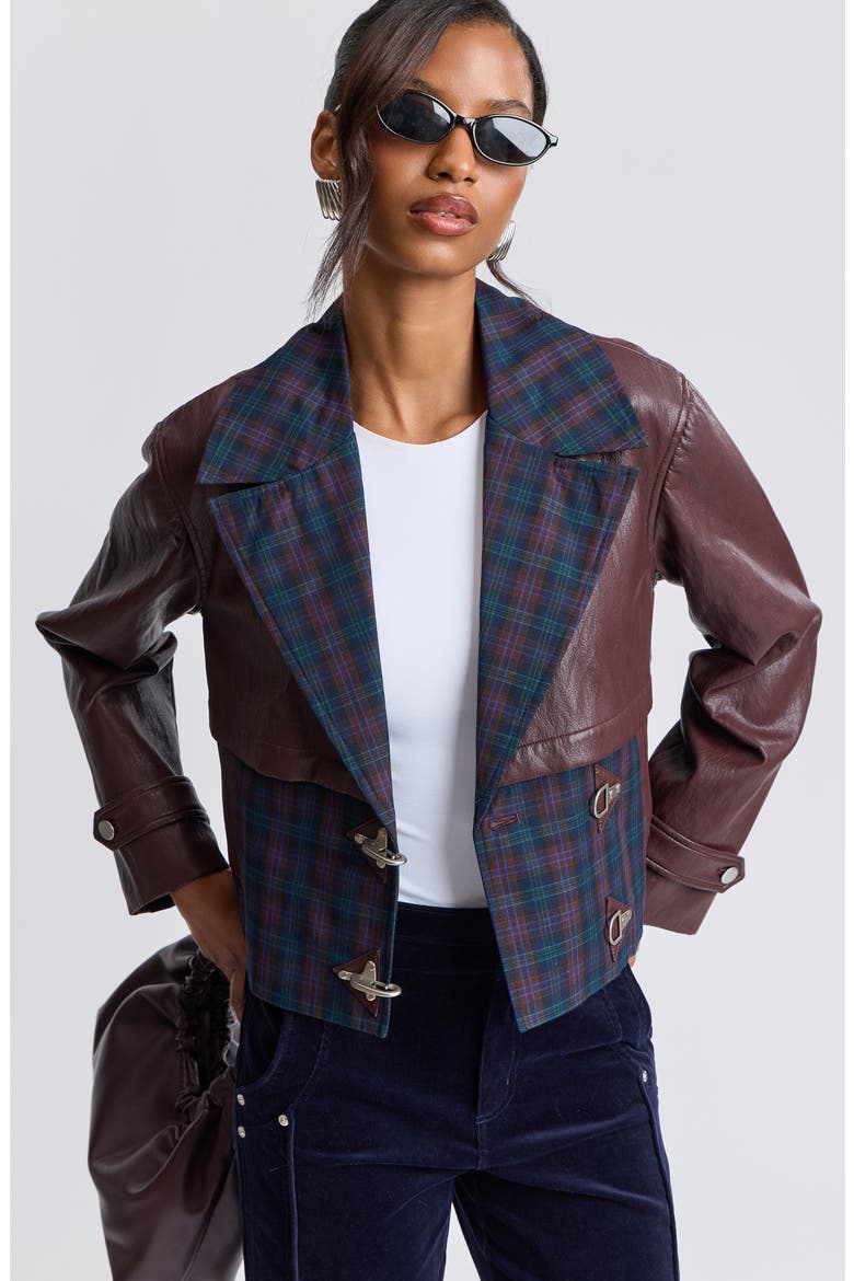 Colorblock Faux Leather Cropped Jacket, Alternate, color, BLUE PLAID- BURGUNDY