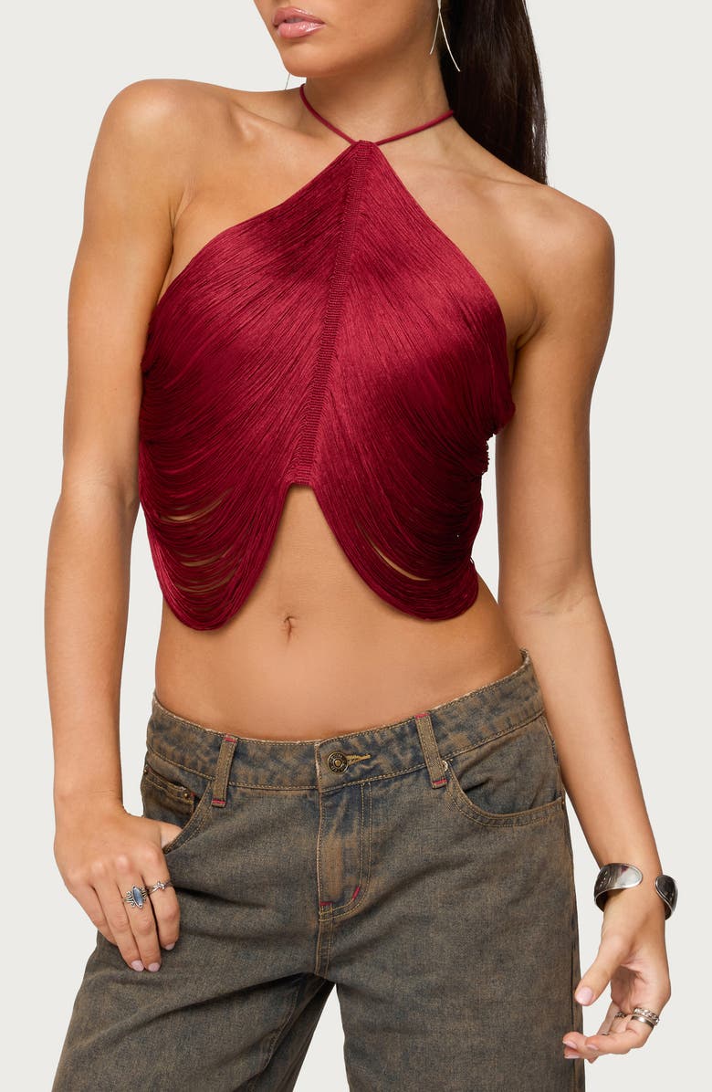 EDIKTED Hara Fringe Lace-Up Open Back Camisole, Main, color, Burgundy